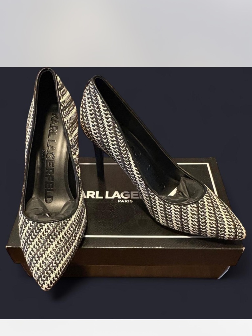 Karl Lagerfeld Black and White Royale Pointed-Toe Stiletto Pumps. Brand new